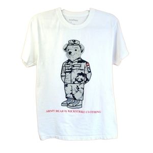 Kickstrike White Short Sleeve T Shirt with Army Bear Size Large